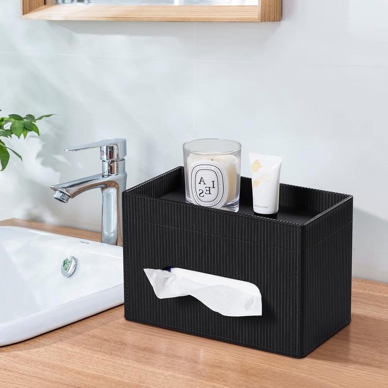 Cretkhp Tissue Box Cover Rectangle with Storage Tray, PU Leather Tissue Holder for Bathroom Vanity Countertop Night Stands Bedroom Office Desk, Stylish Rectangular Tissue Box Holder (Black) - Image 5
